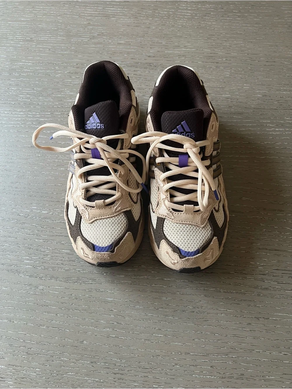 Adidas boys Beige and Brown Athletic Sneakers with Purple Accents